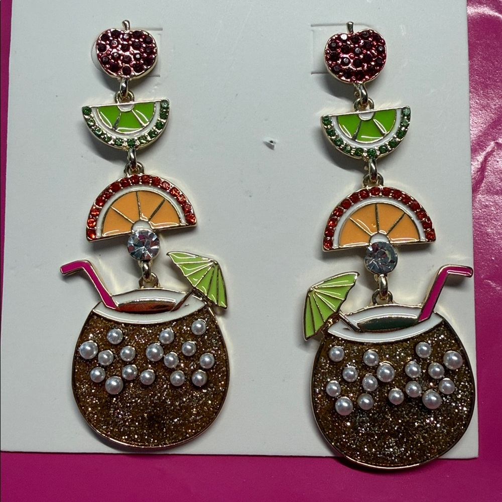 Whimsical Fruit Cocktail Coconut Drink Dangle Earrings Fun Summer Beach Vacation - Picture 3 of 6